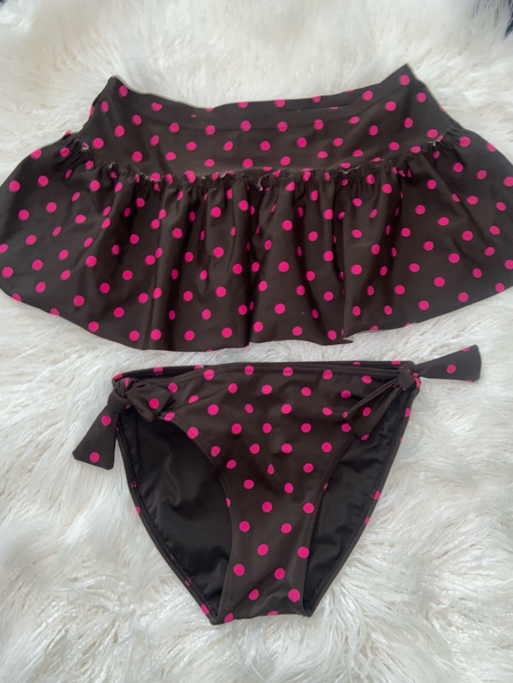 George Black Bikini Set with Pink Polka Dots and Skirted Top